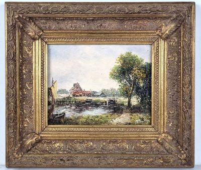 an oil painting of a river scene with a house in the distance