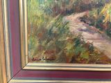 an oil painting of a dirt road in a wooded area
