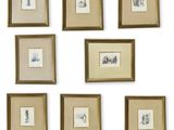 six framed drawings of people on a wall with a white background