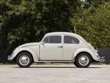 a white vw beetle parked in a parking lot with trees in the background