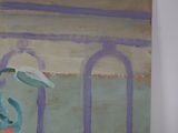 a painting on the wall of a room with a vase of flowers