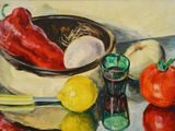 un tableau représentant un bol de fruits et de légumes posé sur une table