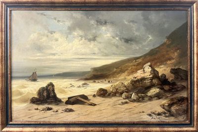 painting of a beach scene with rocks and a boat in the distance