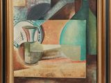 une peinture à l'huile représentant une nature morte avec un pichet et une bouteille