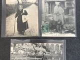 three old black and white photos of a woman and a sheep