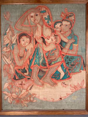 a painting of a group of people riding on top of a horse