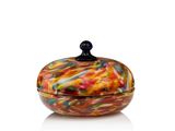 an image of a colorful glass bowl with a black lid