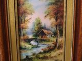 an old picture of a painting of a house in a forest