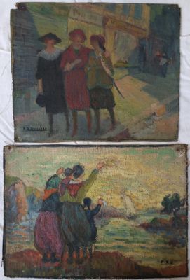 deux tableaux représentant des personnes dans la rue, en compagnie d'un chien et d'un cheval