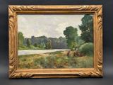 a painting of a landscape with a river in the foreground
