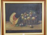 un tableau représentant un melon et d'autres fruits posés sur une table