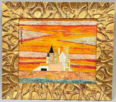 tableau représentant un château dans un cadre doré, avec un coucher de soleil en arrière-plan