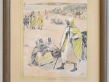 tableau représentant un homme vêtu d'une robe jaune et une femme en robe blanche
