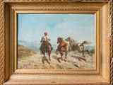 une peinture à l'huile représentant deux hommes à cheval dans un paysage montagneux