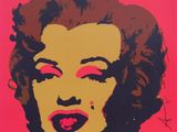 an image of a painting of a woman ' s face on a red background