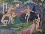 a painting of a group of nudes playing with a frisbee