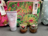 a bag with a lot of cosmetic items on it