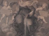 a drawing of a woman sitting on a cloud holding a sign