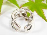 sterling silver ring with a twisted design on top of a leaf