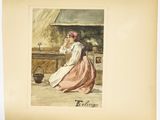 tableau représentant une femme en robe rose assise devant un poêle