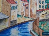 a picture of a painting of a small town by the water