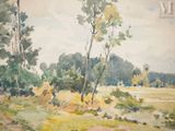 a watercolor painting of a field with trees in the background