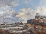 a painting of a building on the shore of a body of water