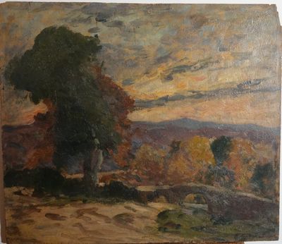une peinture à l'huile représentant un paysage avec des arbres au premier plan