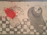 a picture of a drawing of a person with blood on it