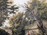 a painting of a couple sitting on a bench by a stream