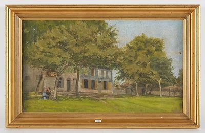 une peinture à l'huile représentant une maison dans un champ, près d'un arbre