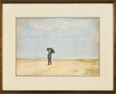 un tableau représentant un homme tenant un parapluie sur la plage