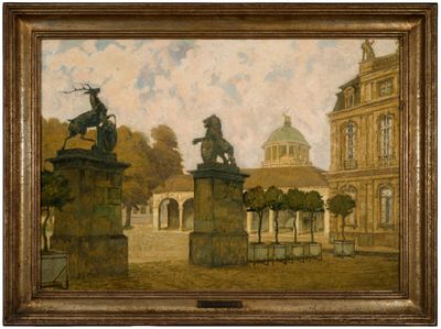 une image représentant un tableau sur lequel figure un bâtiment avec une statue devant