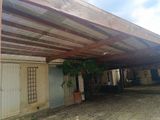 a building with a metal roof that has a plant growing out of it