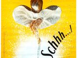 une affiche jaune sur laquelle figure la photo d'une femme en robe blanche posant sur un verre