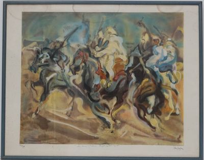 une peinture représentant un groupe d'hommes à cheval