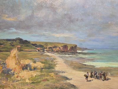 a painting of people walking on the beach by the water