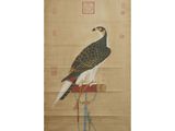 painting of a bird sitting on top of a wooden pole
