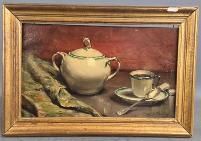 une peinture représentant une théière et une tasse posées sur une table