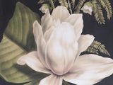 painting of a white flower with green leaves on a black background