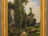 tableau représentant un homme et des vaches dans un champ, avec des arbres en arrière-plan