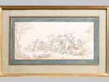 a drawing of a group of people in a wooded landscape