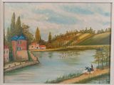 painting of a painting of a river scene with people on the bank