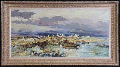 une peinture à l'huile représentant un bateau dans un plan d'eau