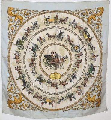 a close up of a square scarf with horses and carriages on it