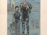 painting of a man and a boy with a dog on a beach