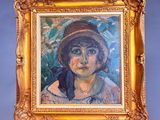 an oil painting of a woman in a hat on a easel