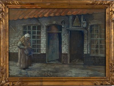 tableau représentant une femme debout devant un immeuble, un panier sur la tête