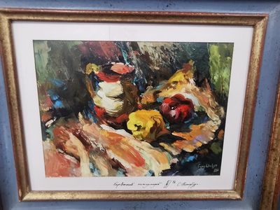 Nature morte aux pommes Huile sur panneau encadrée Signée en…