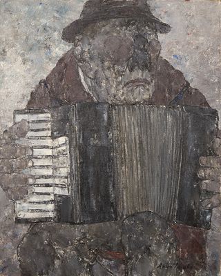 tableau représentant un vieil homme coiffé d'un chapeau et jouant de l'accordéon